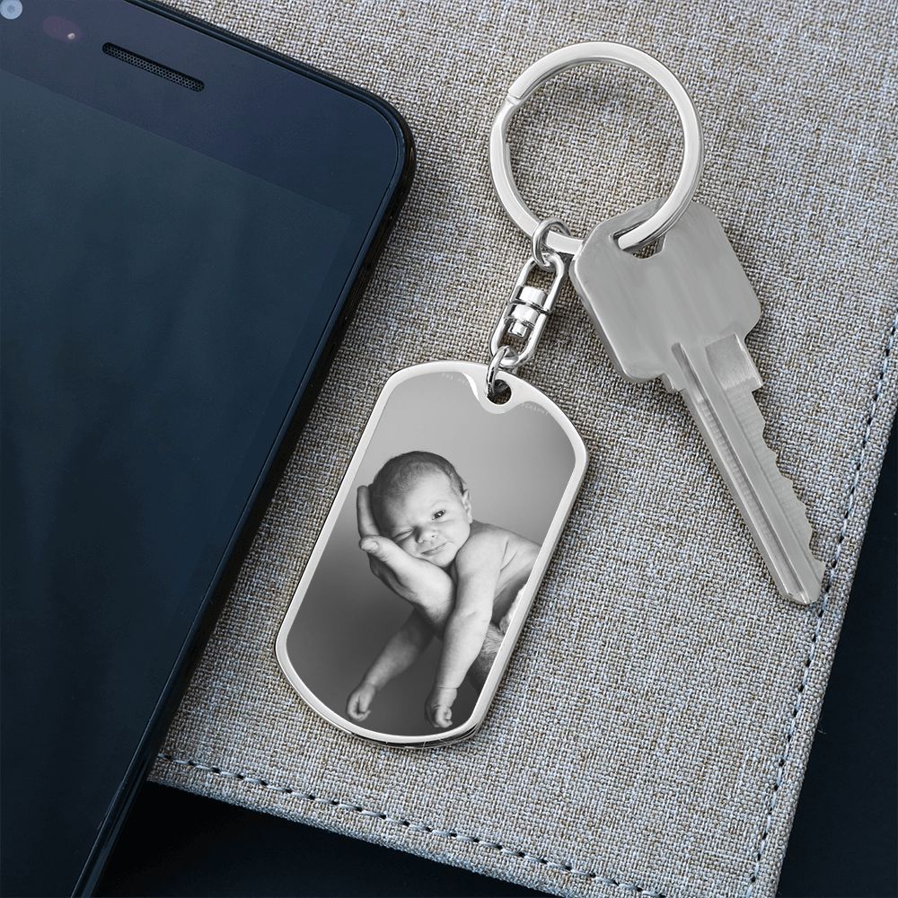 Baby in dads hand Dog tag with swivel keychain
