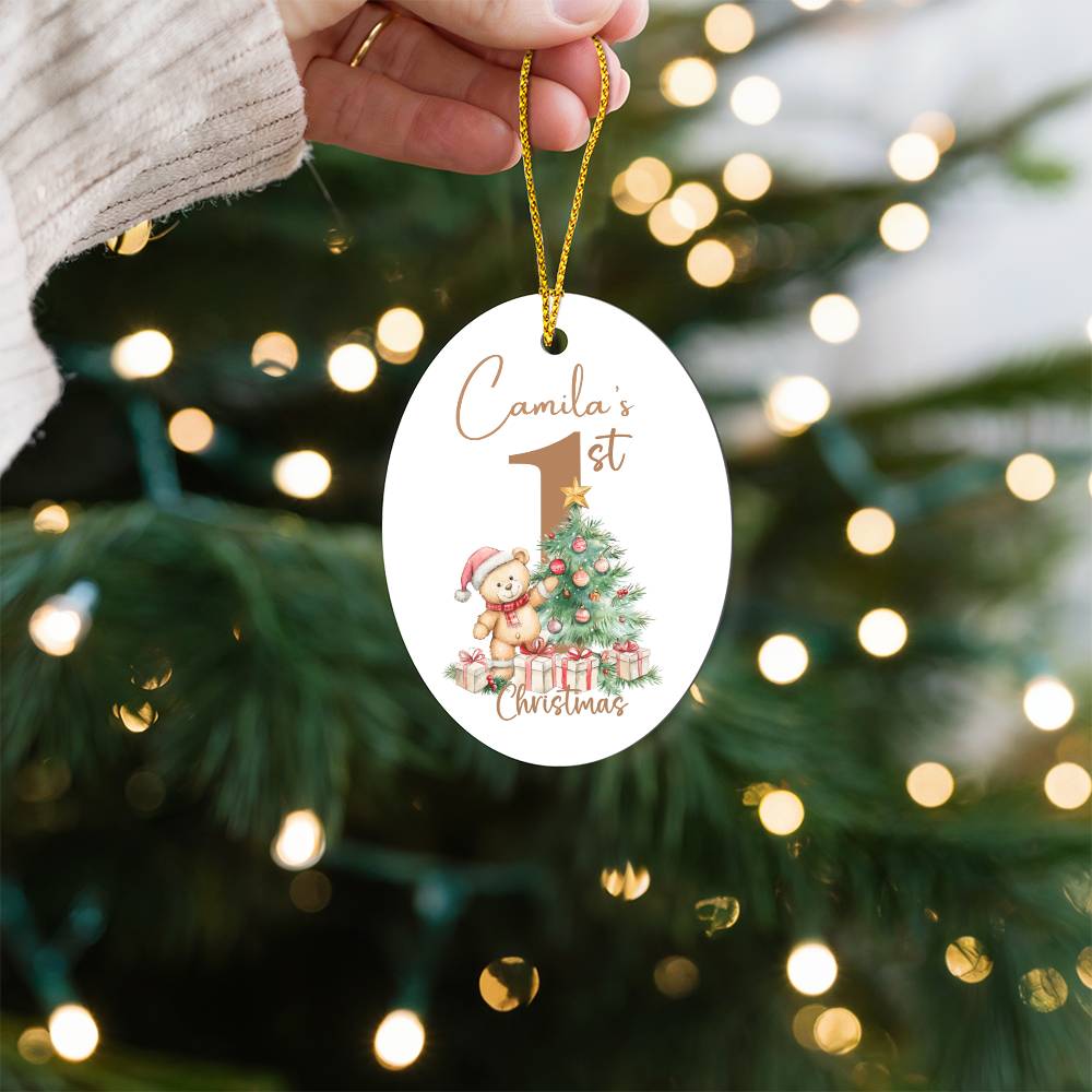 Personalized Baby's First Christmas Ornament with Teddy bear and Christmas Tree