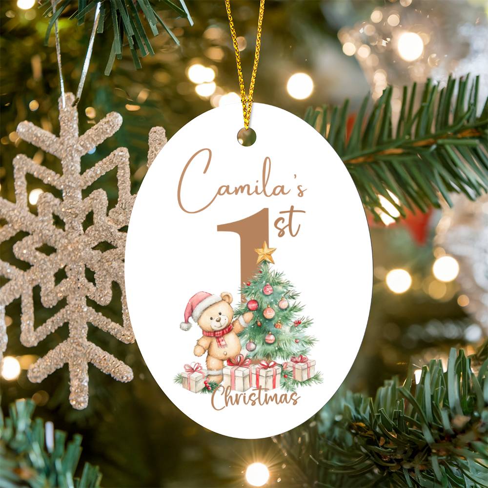 Personalized Baby's First Christmas Ornament with Teddy bear and Christmas Tree