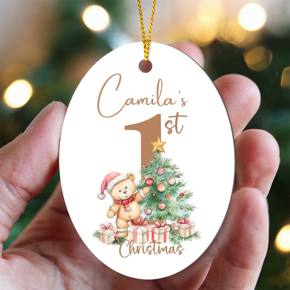 Personalized Baby's First Christmas Ornament with Teddy bear and Christmas Tree