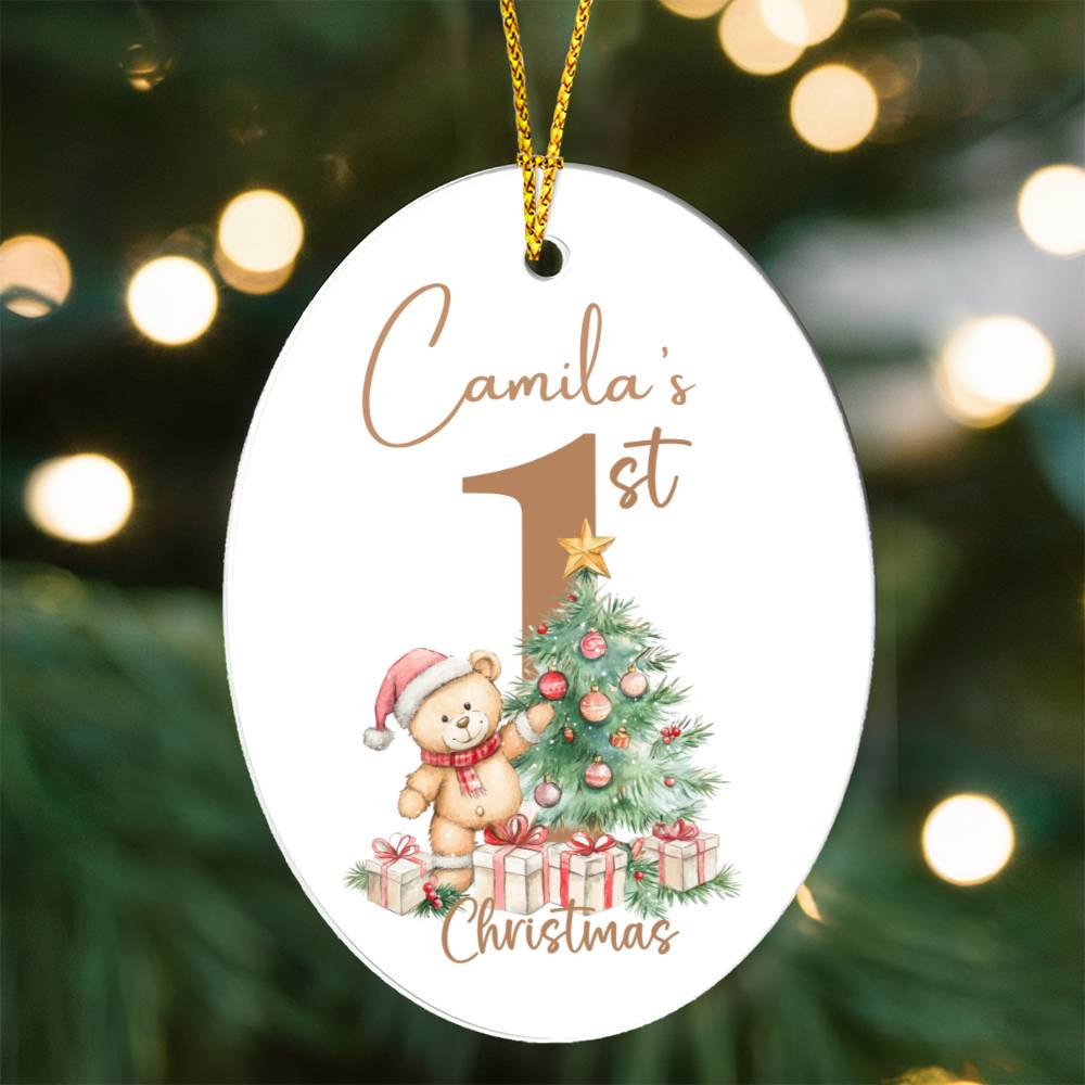 Personalized Baby's First Christmas Ornament with Teddy bear and Christmas Tree