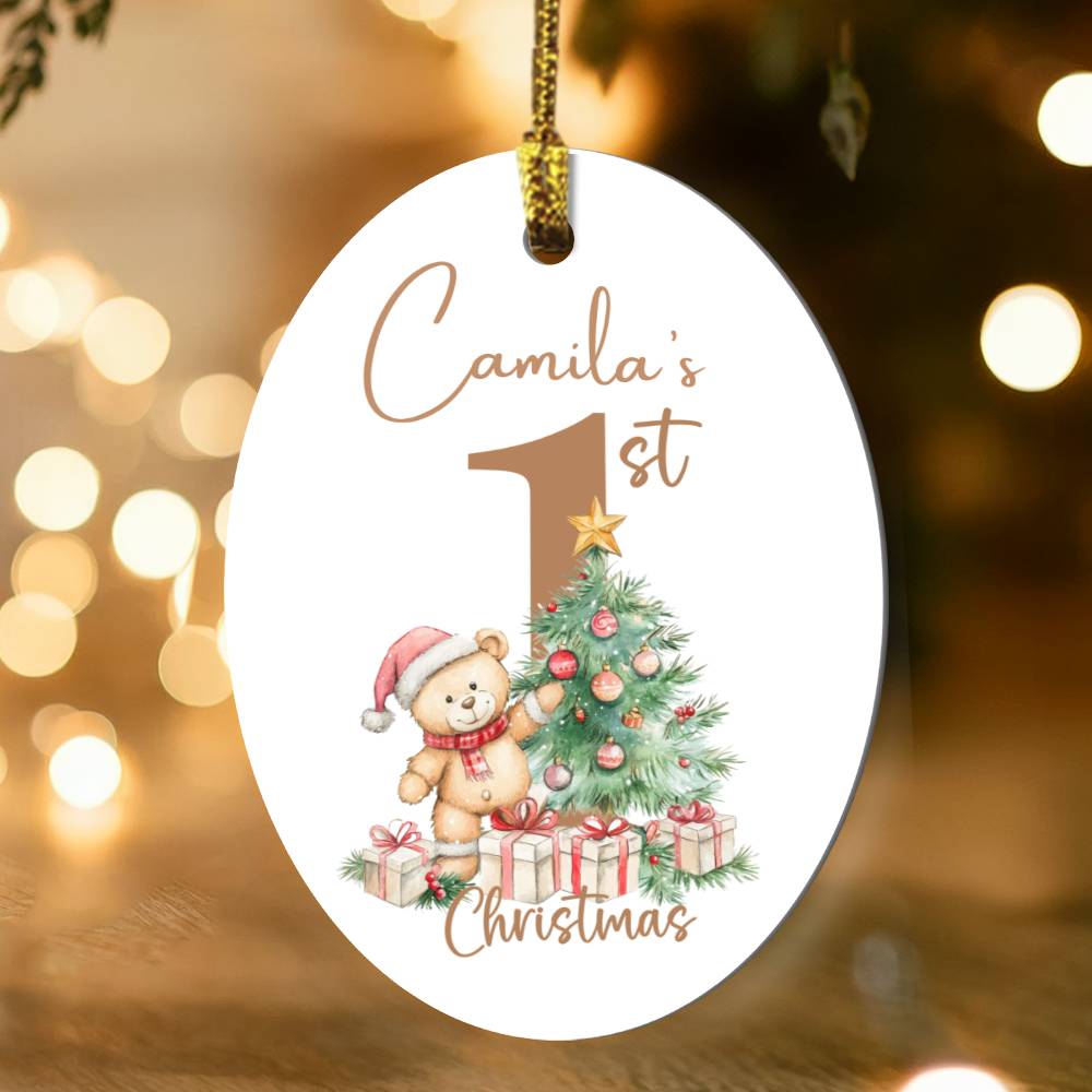 Personalized Baby's First Christmas Ornament with Teddy bear and Christmas Tree
