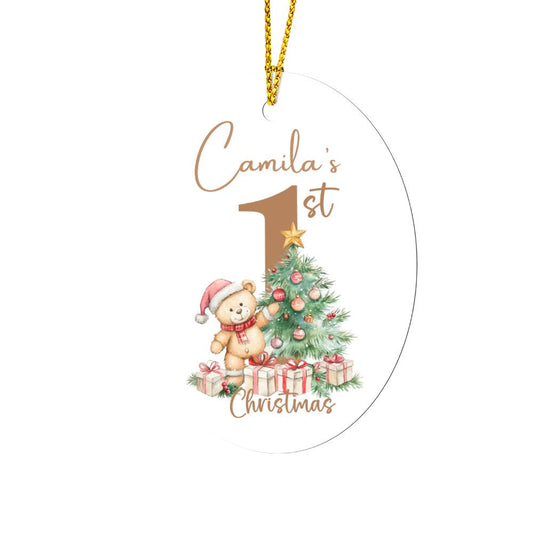 Personalized Baby's First Christmas Ornament  with Teddy bear and Christmas Tree